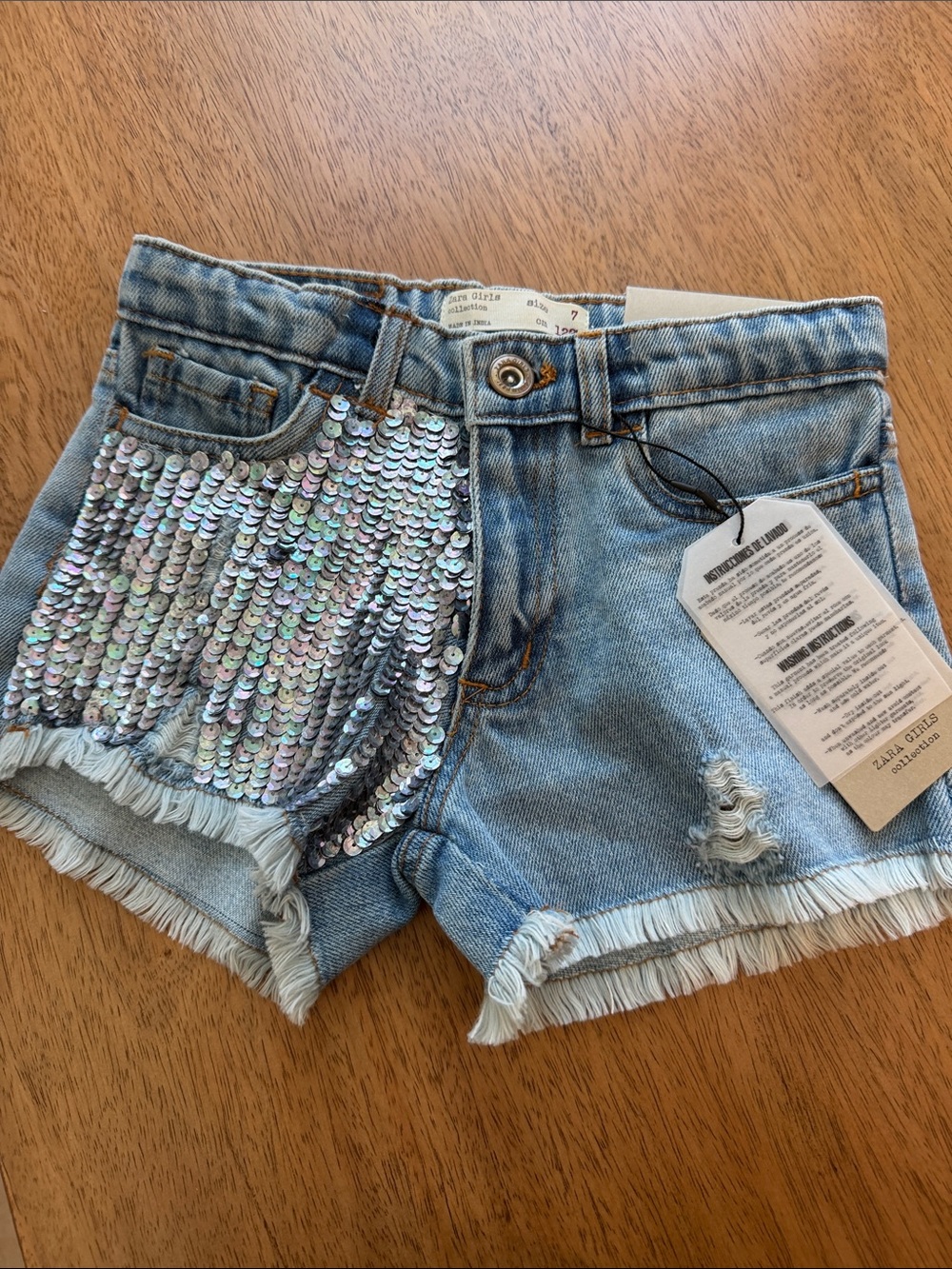 Zara Light Blue Denim Shorts with Iridescent Sequin Pocket